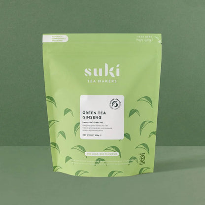 Herbata zielona Suki Tea Green Tea Ginseng 250 g – zielone opakowanie herbaty liściastej