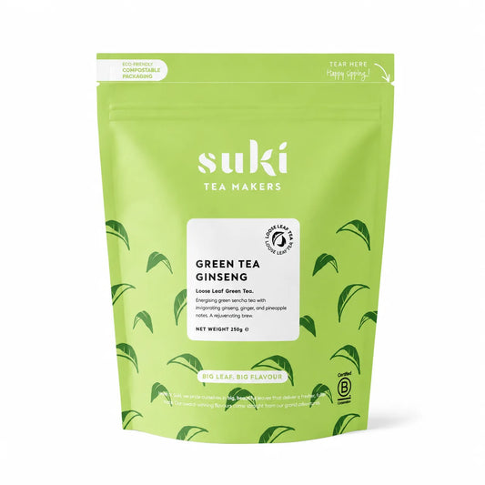 Suki Tea Green Tea Ginseng 250 g – liściasta zielona herbata z żeń-szeniem, imbirem i ananasem