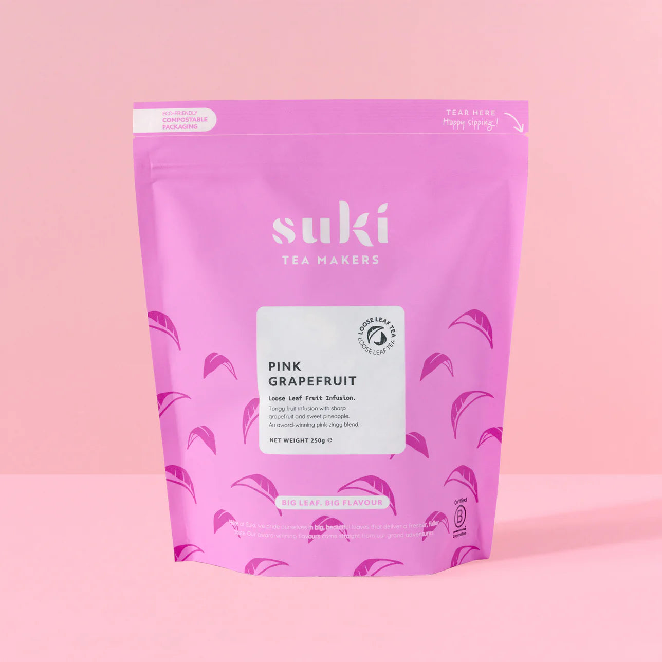 Herbata owocowa Suki Tea Pink Grapefruit 250 g – różowe opakowanie herbaty liściastej