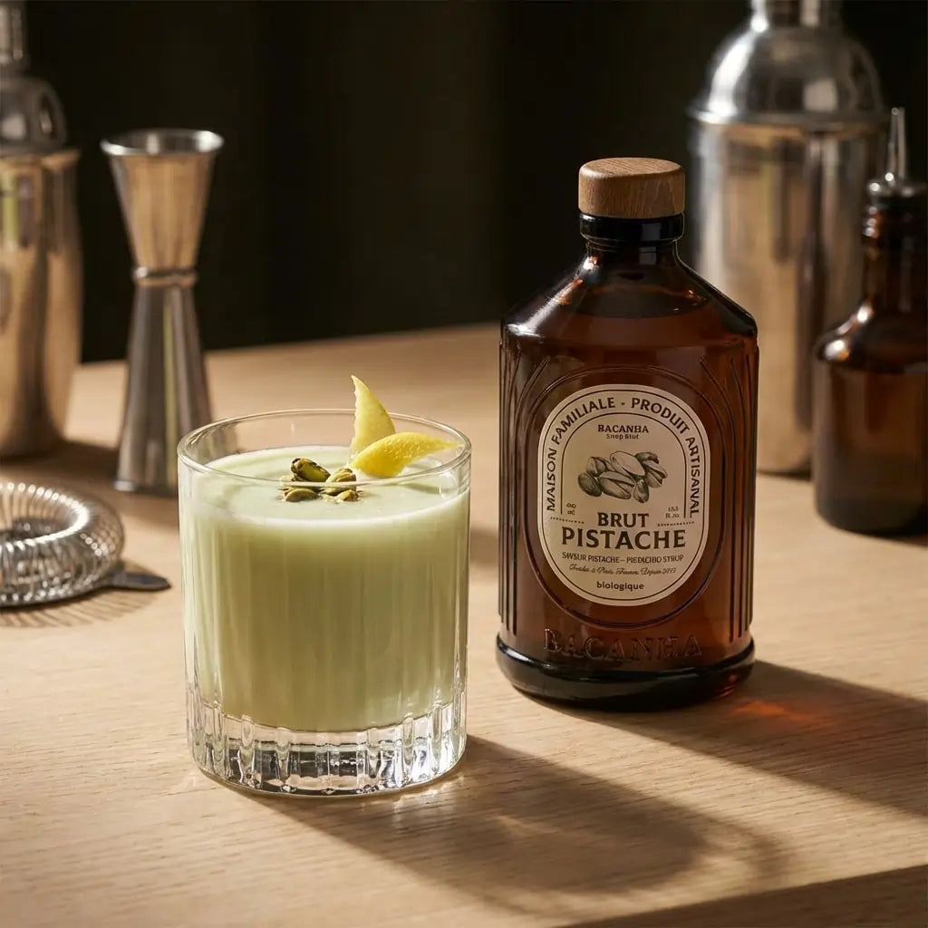 Syrop Bacanha Brut Pistache obok kremowego drinka pistacjowego w szklance, elegancka aranżacja barowa na drewnianym blacie.