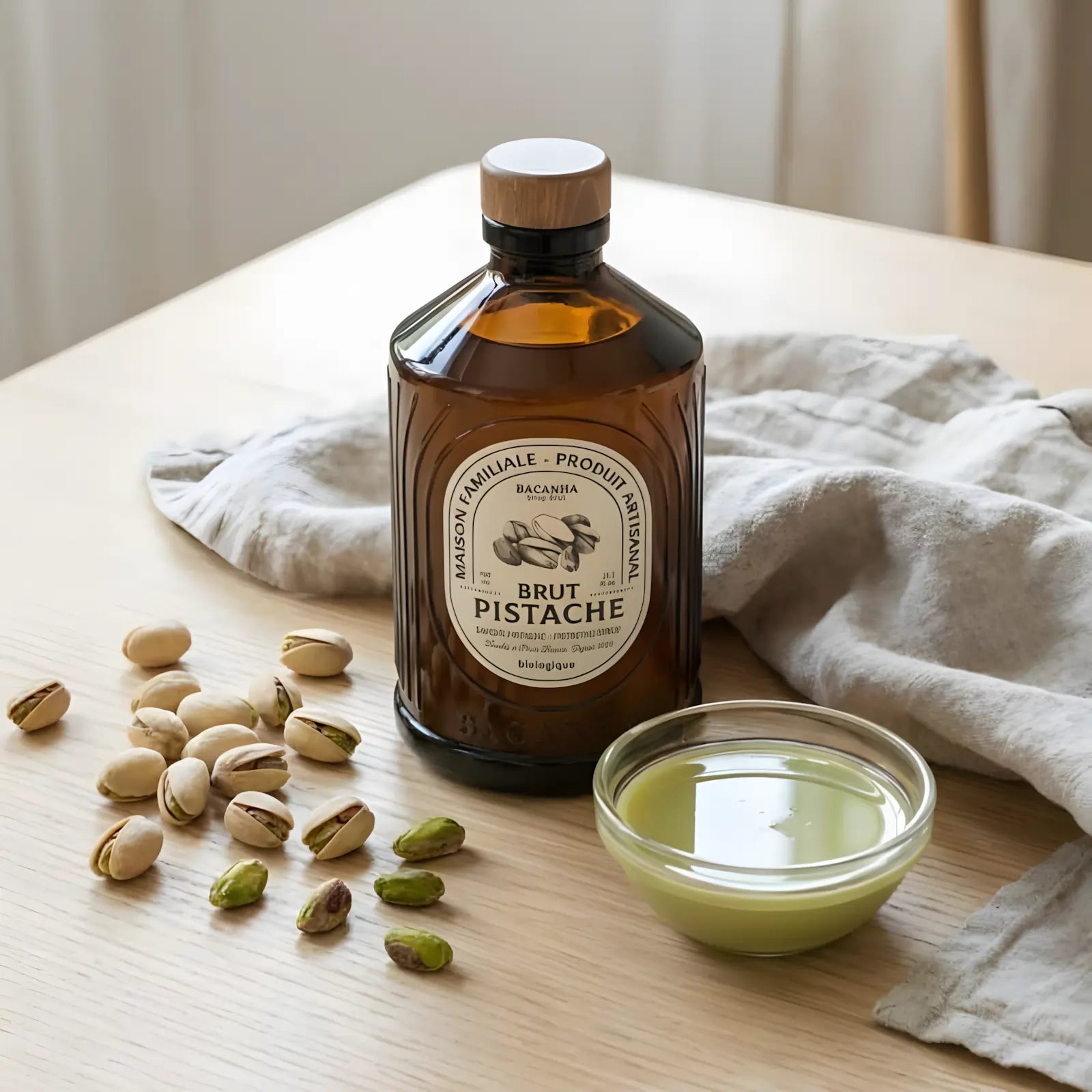 Syrop Bacanha Brut Pistache w szklanej butelce na drewnianym stole, obok pistacji i miseczki z pistacjowym syropem – naturalna, minimalistyczna aranżacja.