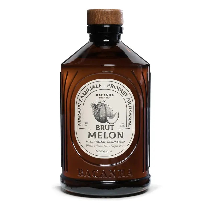 Syrop melonowy Bacanha Brut Melon BIO 400 ml – ekologiczny francuski syrop melonowy w szklanej butelce, przód opakowania