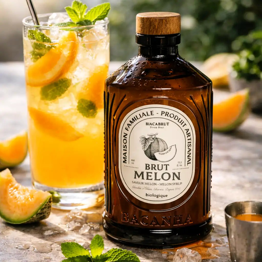 Syrop melonowy Bacanha Brut Melon BIO – butelka syropu z orzeźwiającym napojem z lodem, miętą i melonem, zdjęcie lifestyle