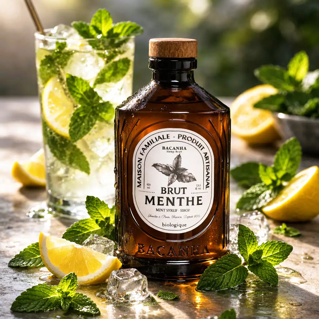 Syrop miętowy Bacanha Brut Menthe BIO – butelka syropu z orzeźwiającym napojem z cytryną, miętą i lodem, zdjęcie lifestyle