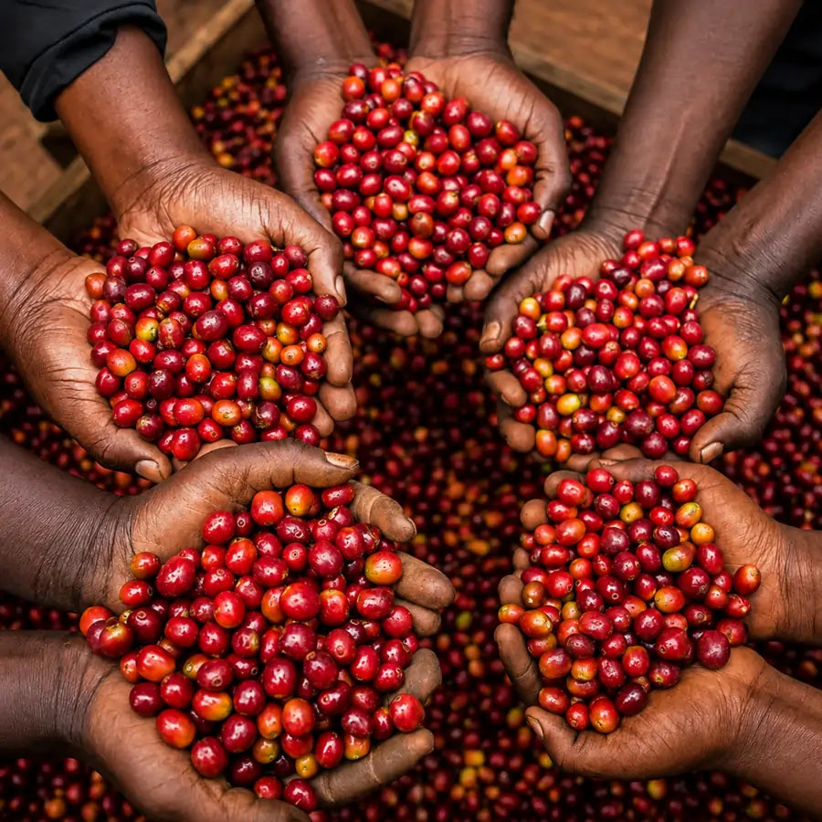 Dojrzałe wiśnie kawowca zebrane przez lokalnych farmerów w regionie Rubirizi w Ugandzie – owoce przeznaczone do produkcji kawy specialty JAVA Coffee Roasters.