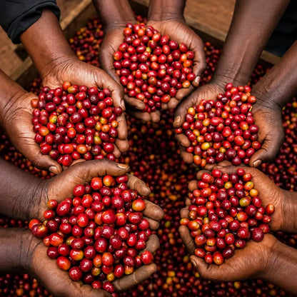 Dojrzałe wiśnie kawowca zebrane przez lokalnych farmerów w regionie Rubirizi w Ugandzie – owoce przeznaczone do produkcji kawy specialty JAVA Coffee Roasters.