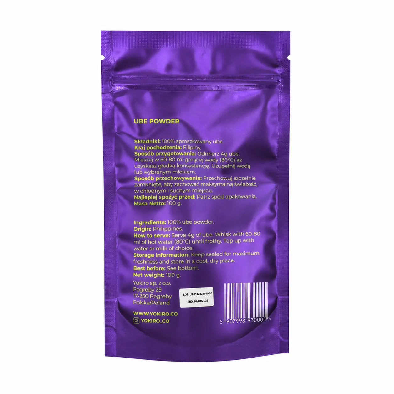 Tył opakowania Yōkiro 06 Ube Powder 100 g ze składem, sposobem przygotowania i informacjami o produkcie
