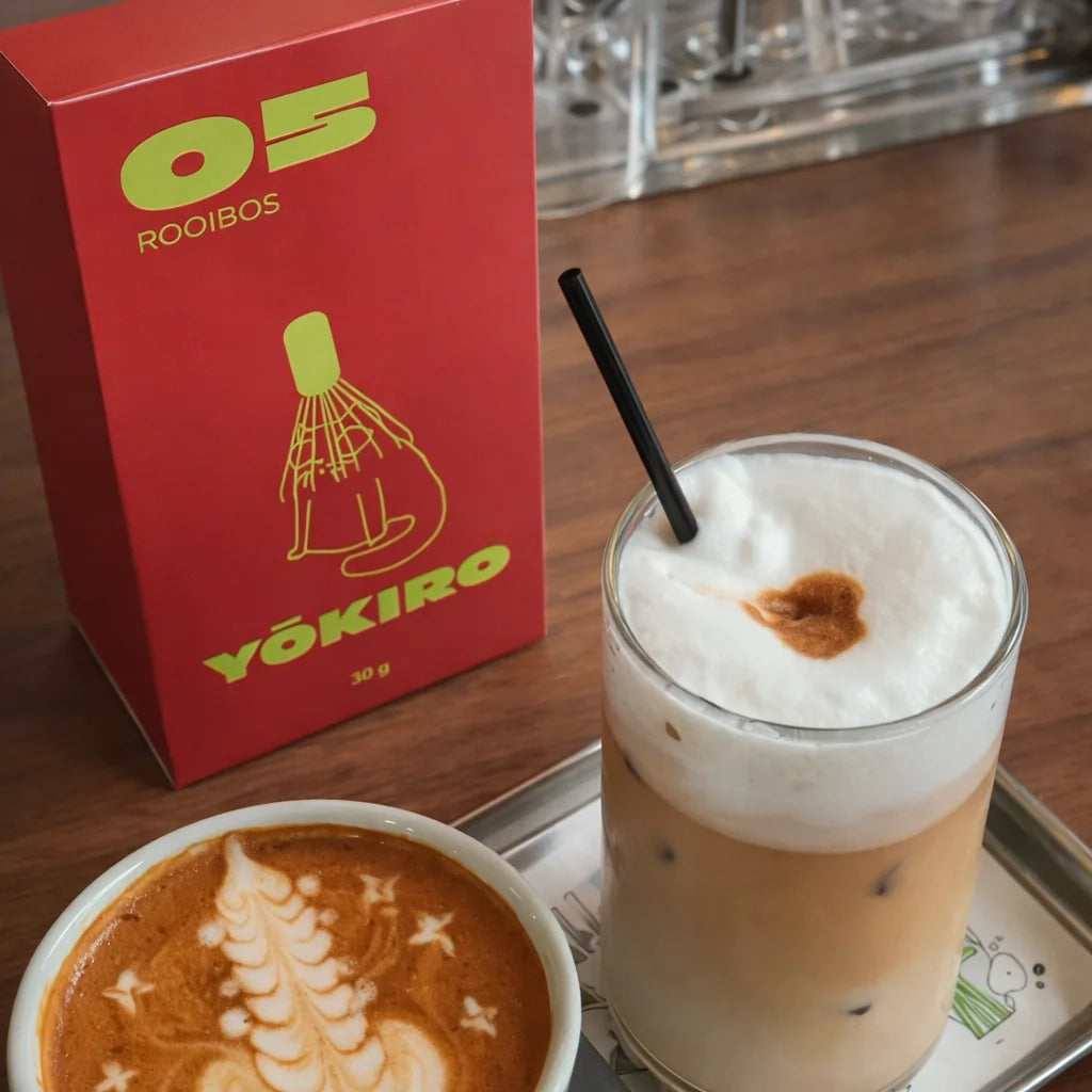 Lifestyle zdjęcie napojów rooibos latte – gorące latte z latte art oraz mrożone rooibos latte, obok opakowanie Yōkiro Rooibos 30 g