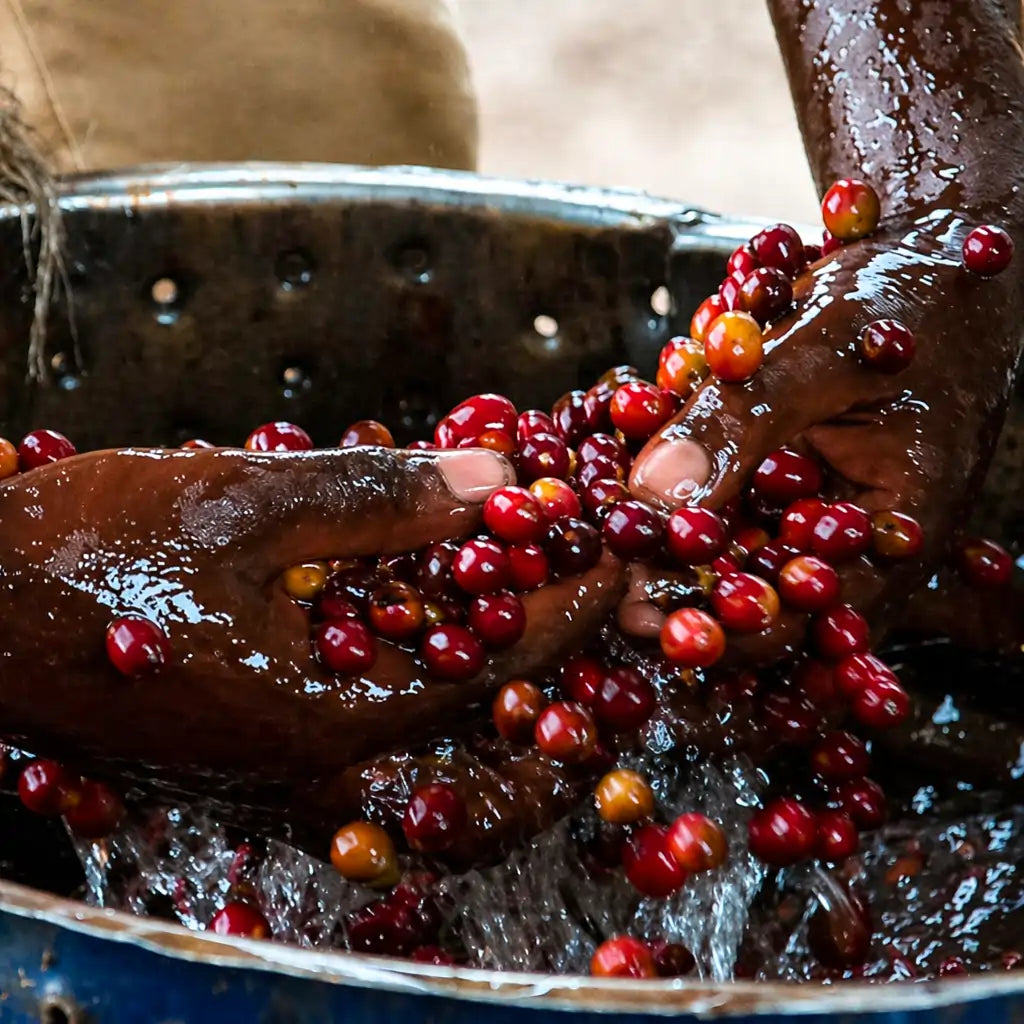 Zbiór dojrzałych owoców kawowca podczas obróbki na mokro – kawa specialty Rwanda Gitoki