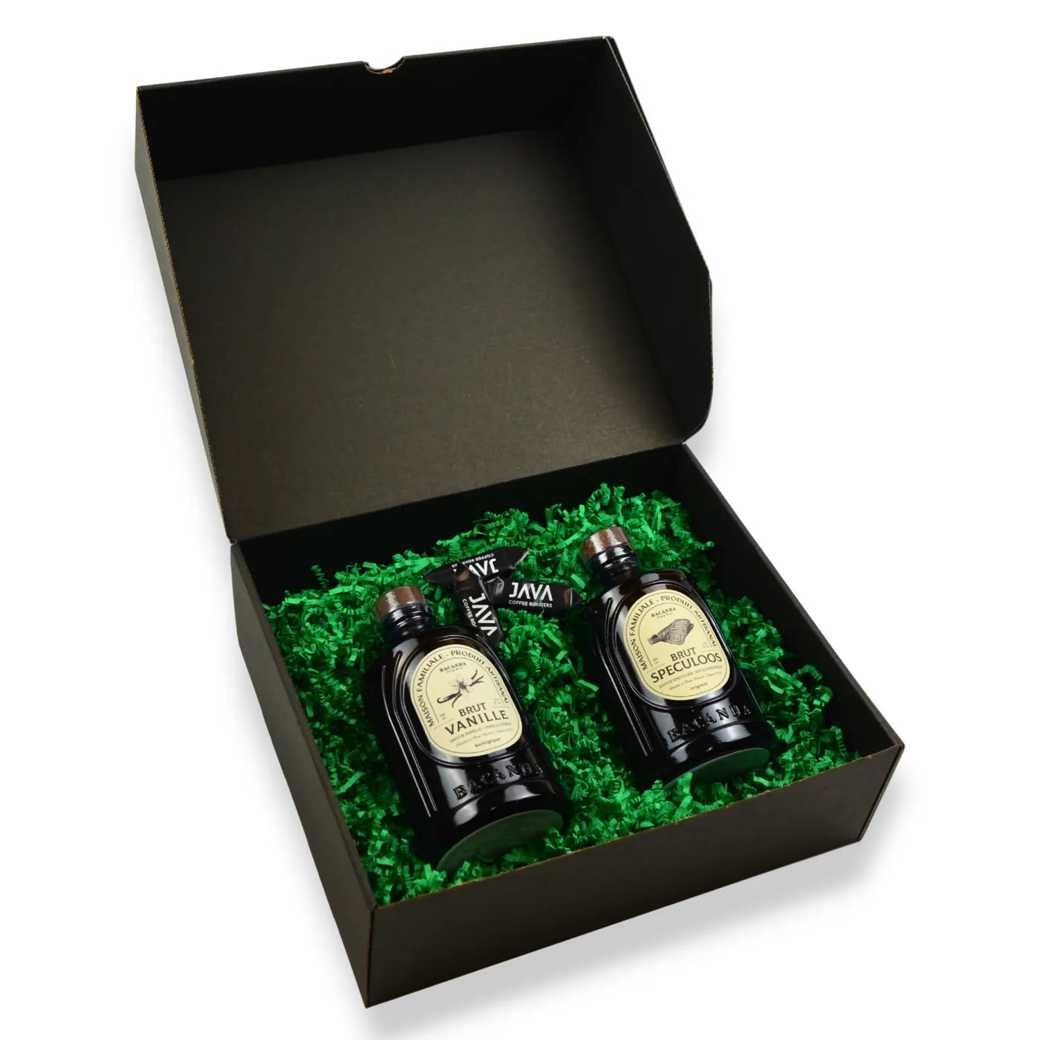 Zestaw świąteczny z dwoma syropami Bacanha Vanille i Speculoos w czarnym pudełku prezentowym na zielonym wypełnieniu